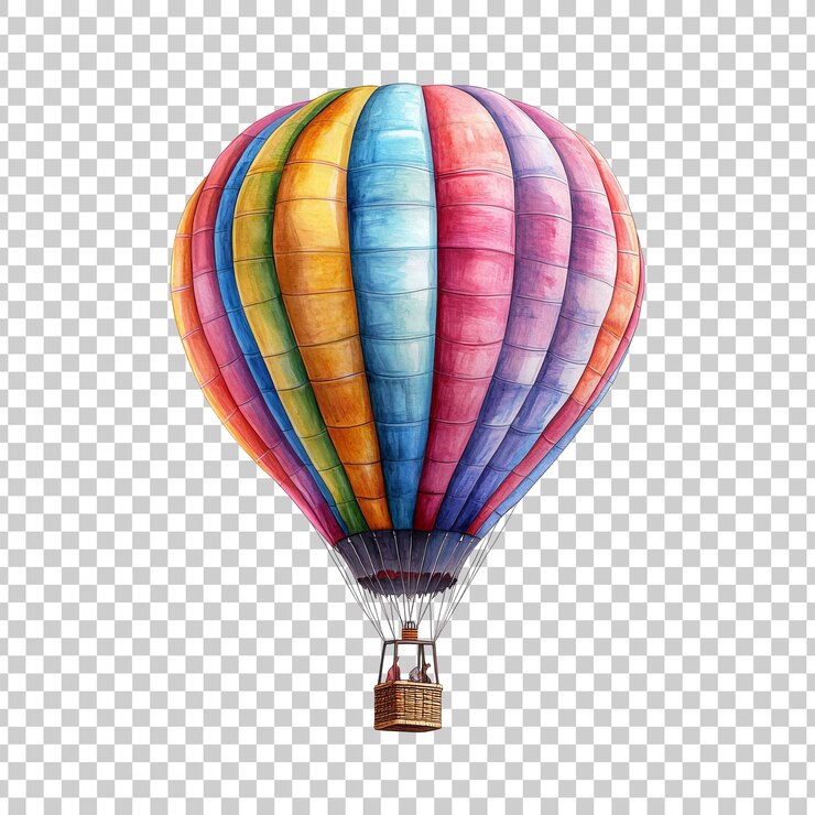 PSD balón de aire caliente multicolor con canasta de mimbre sobre un fondo transparente