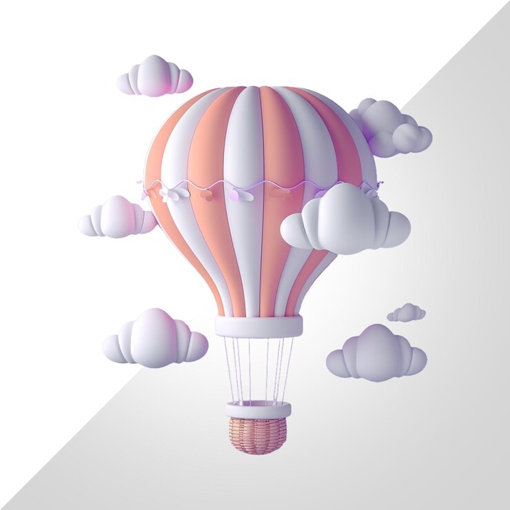 PSD balón de aire caliente y nubes flotando aisladas sobre un fondo transparente