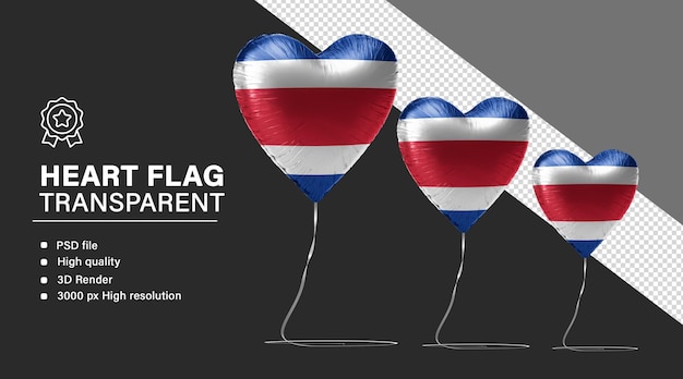 Balón de corazón en 3D con la bandera de Costa Rica aislada en un fondo transparente