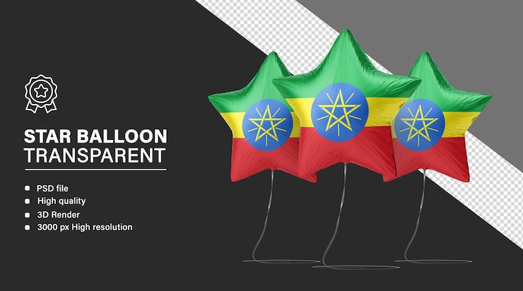 PSD balón de estrellas en 3d con la bandera de etiopía aislada en un fondo transparente