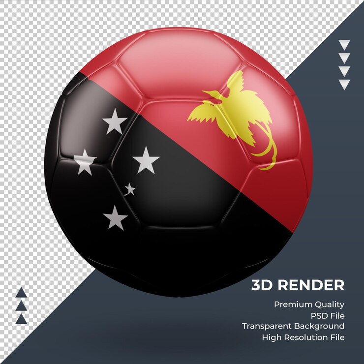 PSD balón de fútbol bandera de papua nueva guinea renderizado 3d realista vista frontal