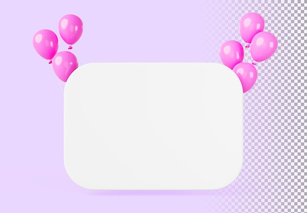 PSD balones de aire rosados 3d y pancarta aislados en fondo púrpura render una tarjeta de felicitación o cartel blanco en blanco para vacaciones, cumpleaños, bodas, eventos, san valentín o día de la madre