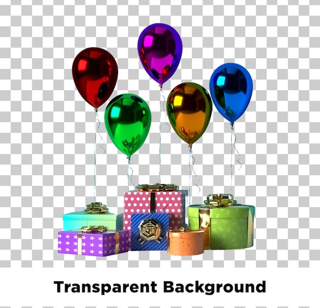 Balones y cajas de regalos de colores aislados sobre un fondo transparente