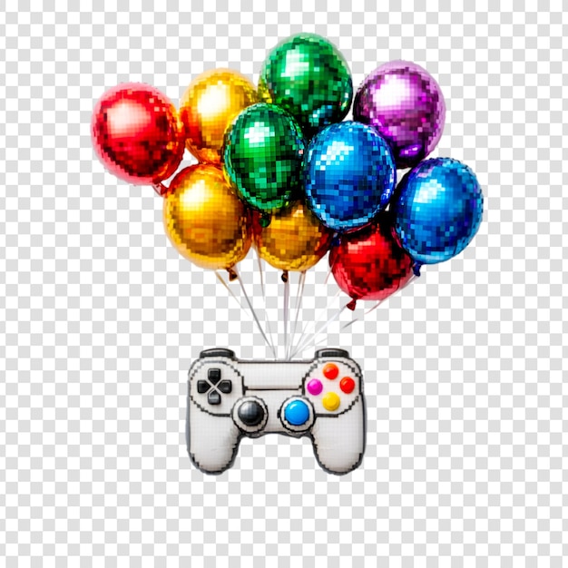 Balones coloridos flotan por encima de un controlador de juego pixelado