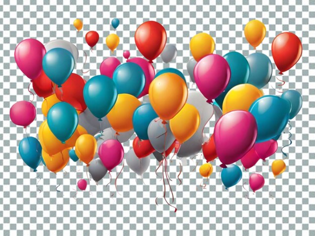 Balones multicolores ecorativos tarjeta de cumpleaños feliz en fondo transparente