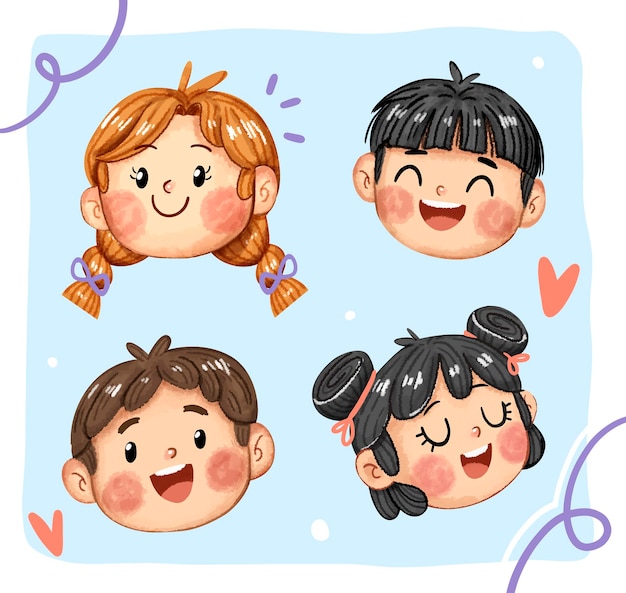 Bambini cartoon carini e felici affrontano l'illustrazione