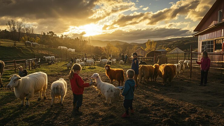 PSD bambini che nutrono gli animali in fattoria al tramonto