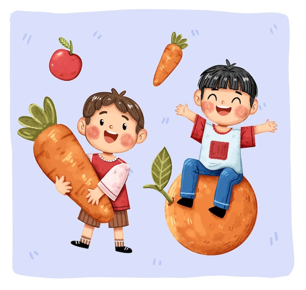 Bambini felici con frutta e verdura