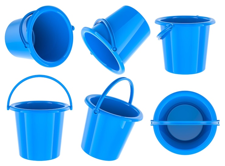 PSD bambini secchio di plastica colore blu diverse vedute e angoli rendering 3d isolato su sfondo trasparente