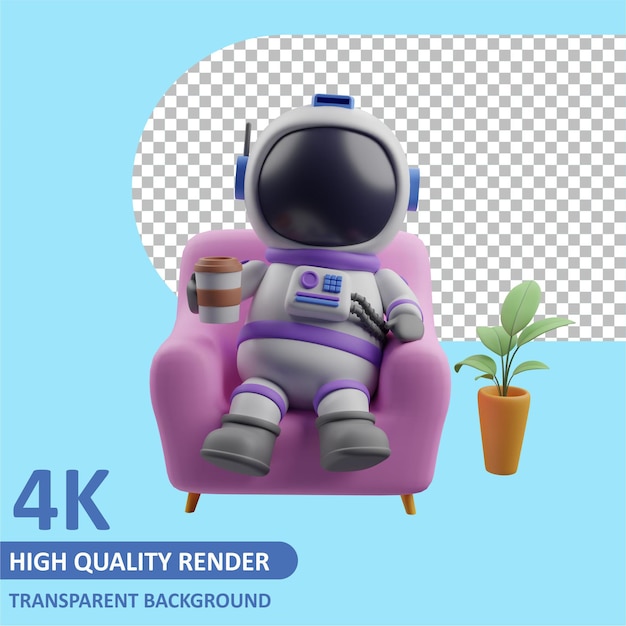 bambino astronauta si rilassa sul divano bevendo caffè rendering 3d della modellazione dei personaggi character