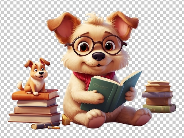 Bambino carino 3D un cane con i capelli che tiene un libro in mano sullo sfondo solido