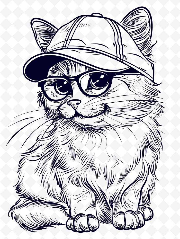 PSD bambino cat che indossa una visiera con un'espressione sportiva ritratti di animali sketch art collezioni vettoriali