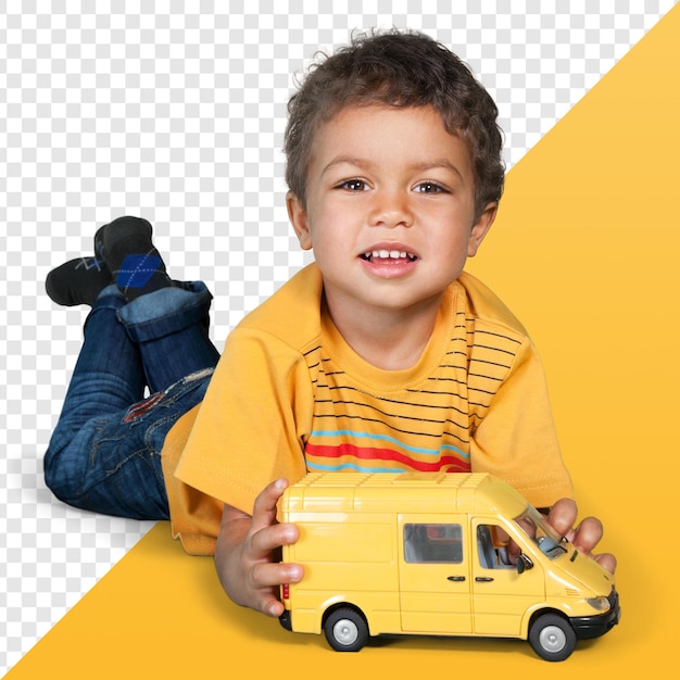 Bambino che gioca con il furgone giallo