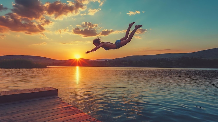 PSD bambino che si tuffa nel lago al tramonto dal molo di legno