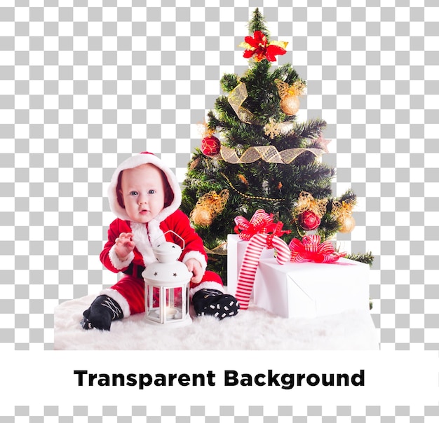 Bambino di Natale con albero e regalo su uno sfondo trasparente isolato
