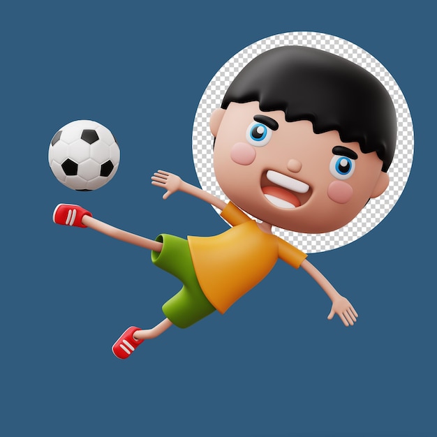 Bambino felice con palla da calcio ragazzo carino personaggio dei cartoni animati rendering 3d