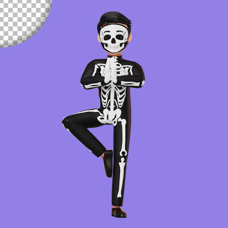 PSD bambino in costume da scheletro che si prepara per la festa di halloween 3d rendering illustrazione