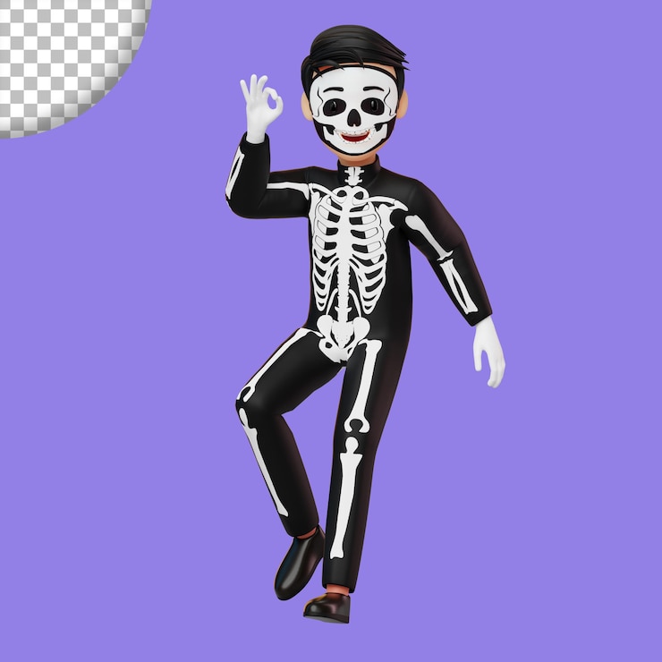 PSD bambino in costume da scheletro che si prepara per la festa di halloween 3d rendering illustrazione