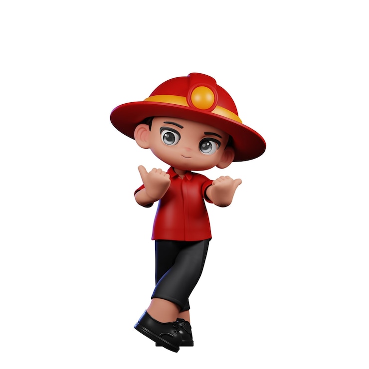 PSD bambino pompiere 3d che indica la posa laterale
