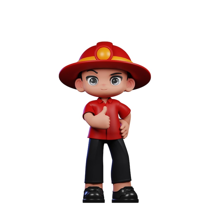 PSD bambino pompiere in 3d che mostra il pollice in alto