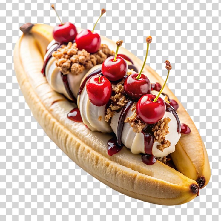 PSD banana de barbacoa dividida con chocolate aislada sobre un fondo transparente