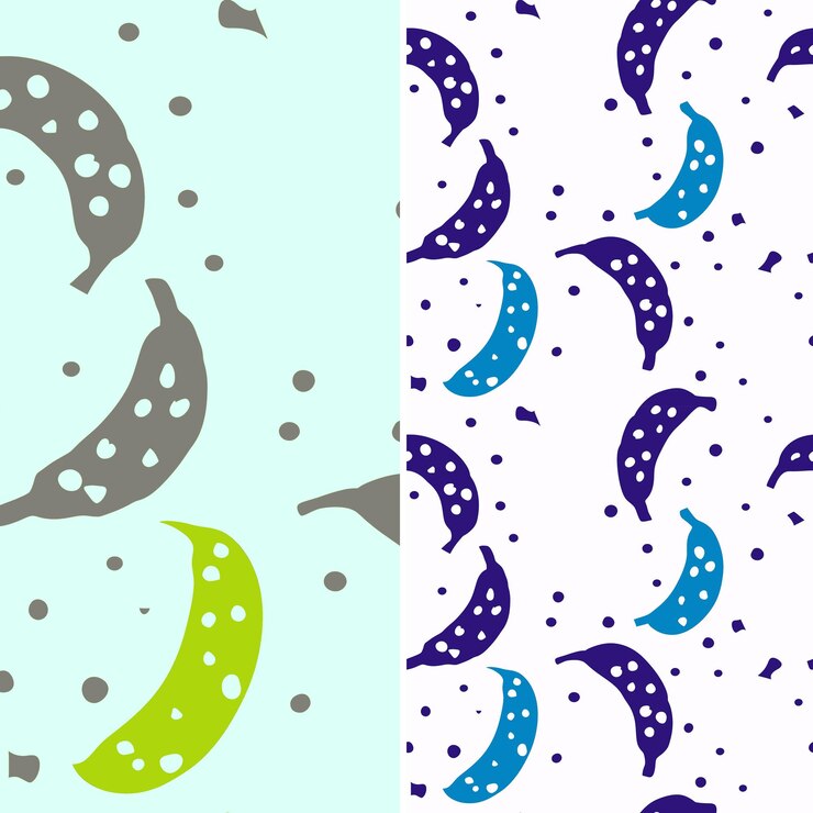 PSD banana con puntos polcas y diseño lúdico con patas esparcidas vector único de patrones de frutas tropicales