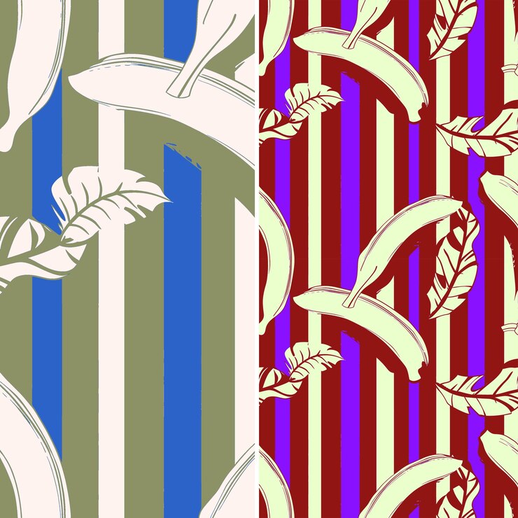 PSD banana con silueta de hoja tropical y diseño de arte de línea con un patrón de frutas tropicales único vectorial