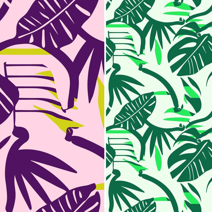 PSD banana con silueta de hoja tropical y diseño de arte de línea con un patrón de frutas tropicales único vectorial