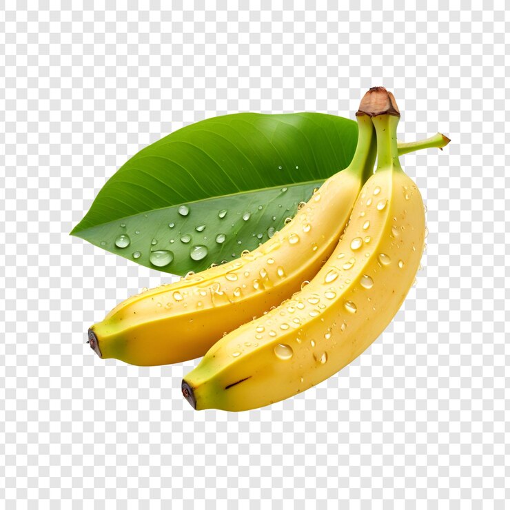 PSD bananas amarillas frescas con hojas verdes y gotas de agua