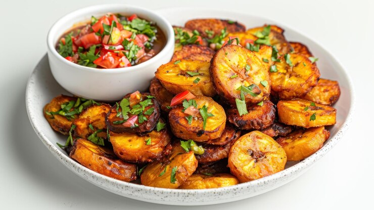 PSD bananas fritas e crocantes com salsa de tomate