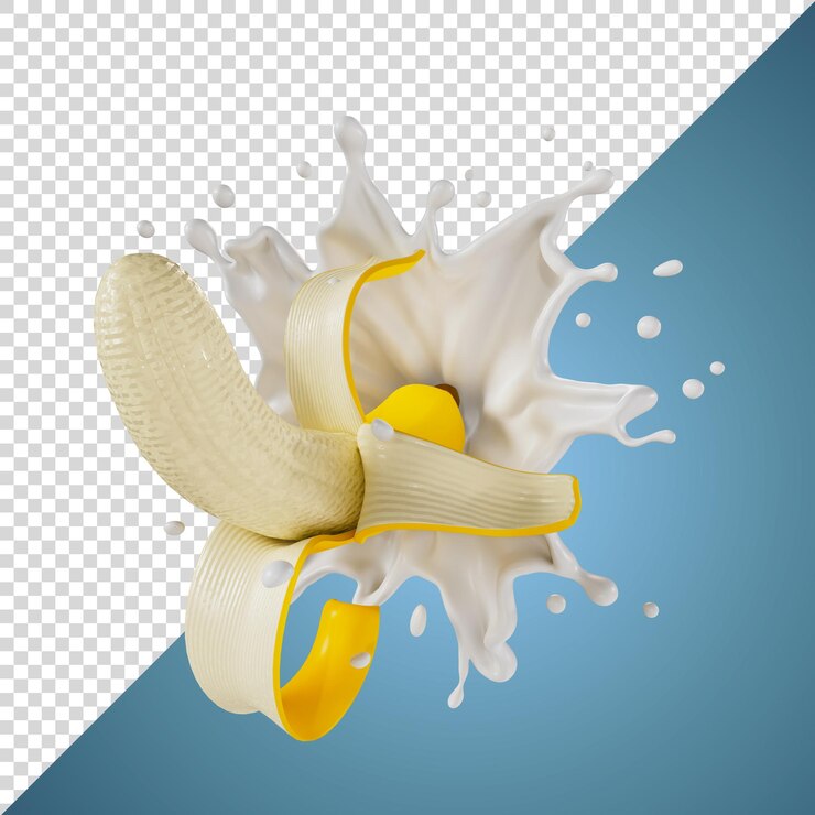 Bananes pelées éclaboussures de lait isolé sur fond rendu 3d