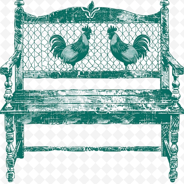 PSD banc de style ferme avec dessin de fil de poulet et illustration de coq s collection de motifs de décoration