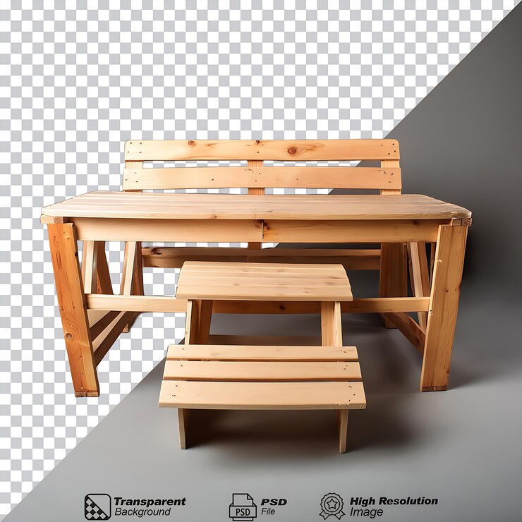 PSD bancillo y mesa de paletas de jardín de madera aislados sobre un fondo transparente