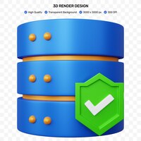 Banco de dados azul de ilustração de renderização 3d com um ícone de escudo com uma marca de seleção isolada