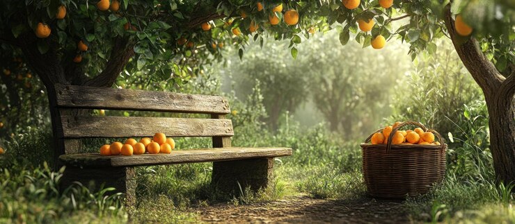PSD un banco de madera se sienta bajo un árbol en un huerto de naranjas con una canasta de narenjas en el suelo
