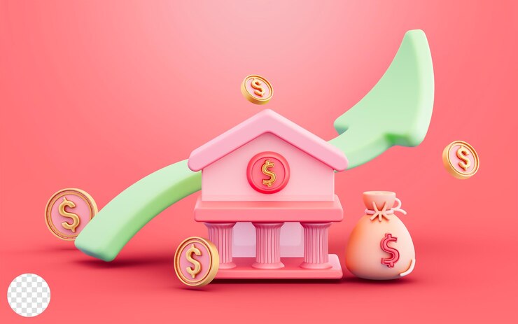 PSD banco con signo de bolsa de moneda de dólar de flecha de crecimiento sobre fondo rojo concepto de ilustración 3d con fines de lucro
