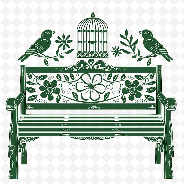 PSD un banco verde con pájaros en él y una jaula de pájaros