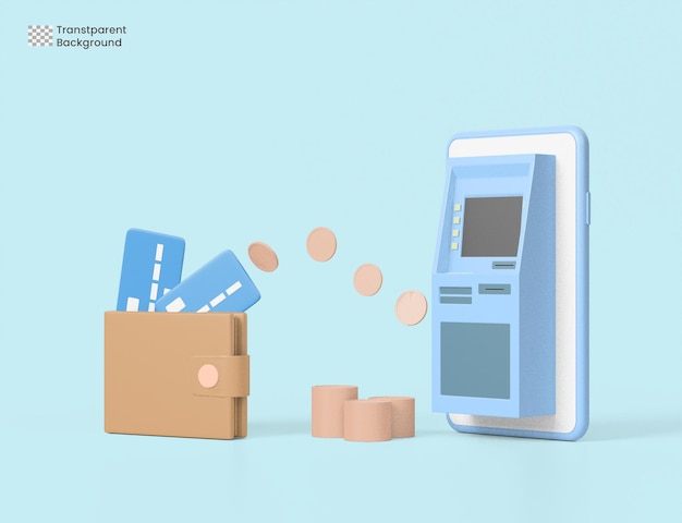 Bancomat su Smartphone trasferire monete denaro nel portafoglio, concetto di Cashback 3d rendering