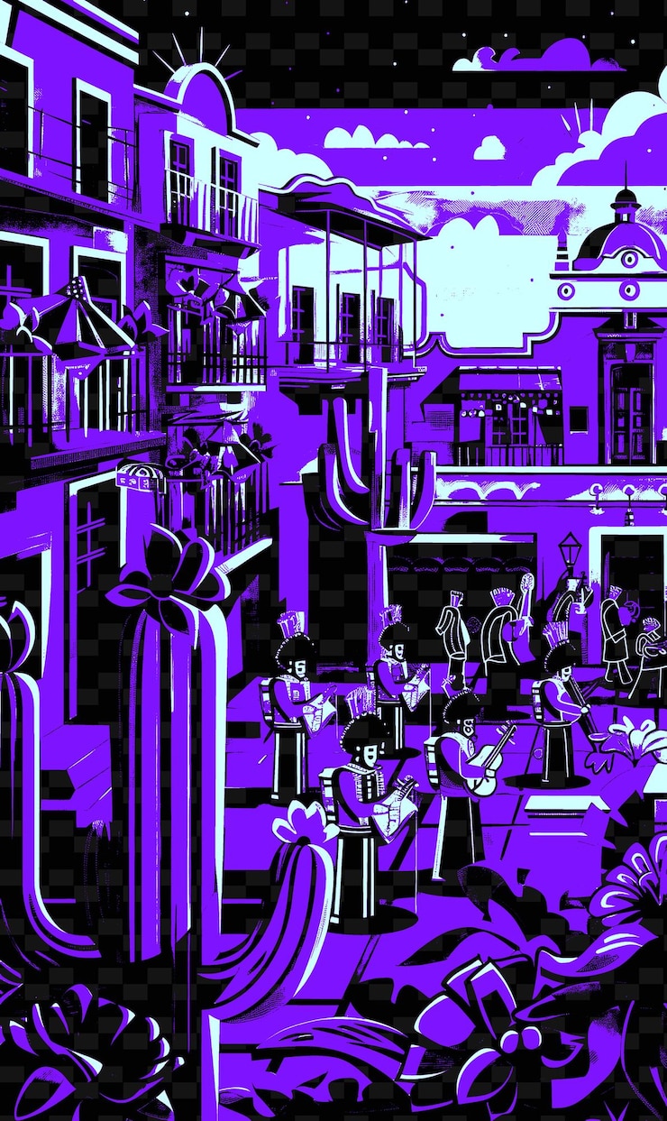 PSD band mariachi che suona in una piazza messicana con disegni di poster musicali illustrati da edifici colorati