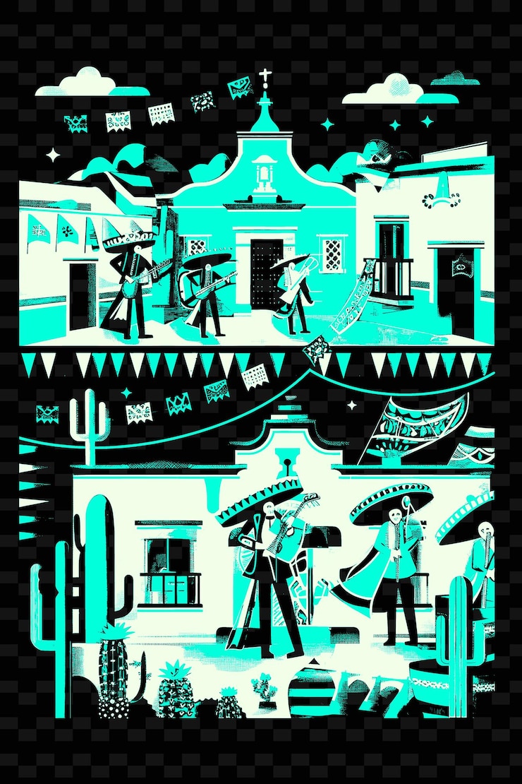 PSD band mariachi in una piazza di una città messicana con disegni di poster musicali colorati di carta p illustration