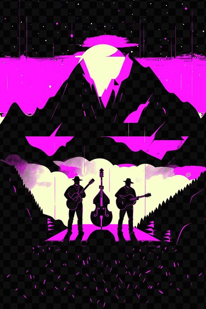 PSD banda de bluegrass tocando en un paisaje montañoso con misty pe cartel postal del día mundial de la música