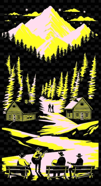 PSD banda de bluegrass tocando en un paisaje montañoso con pine tre vector ilustración idea de cartel musical