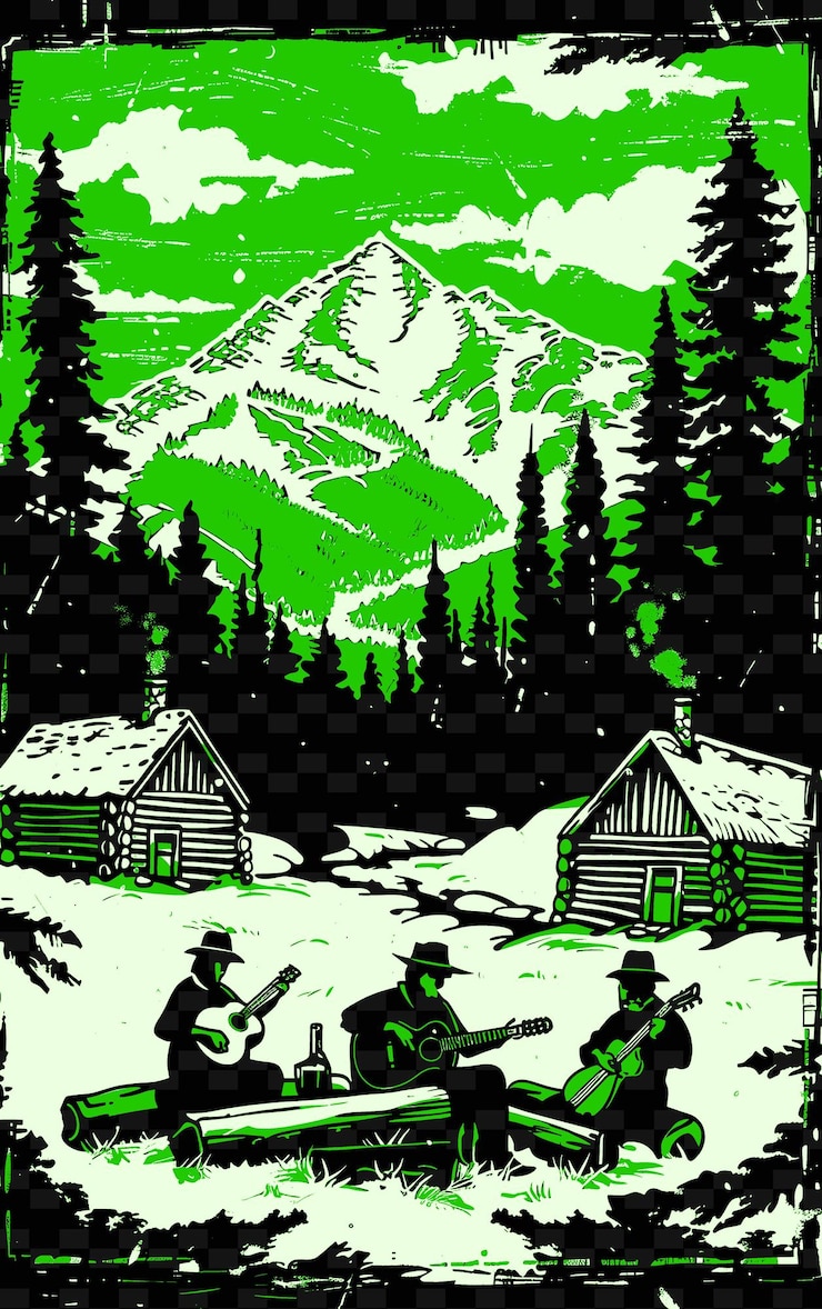 PSD banda de bluegrass tocando en un paisaje montañoso con pine tre vector ilustración idea de cartel musical