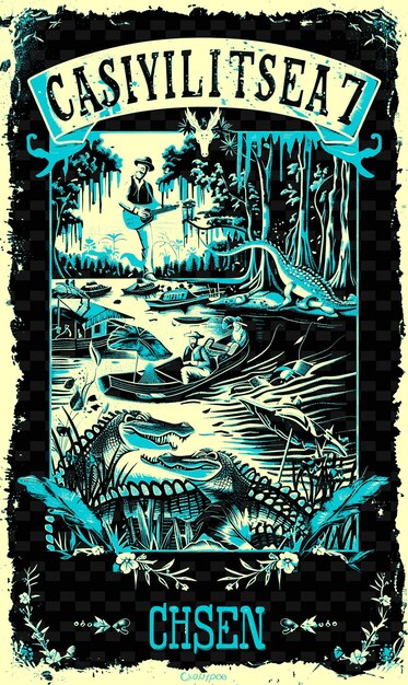 PSD banda cajun tocando en un bayou de luisiana con cocodrilos e ilustración vectorial idea de póster de música