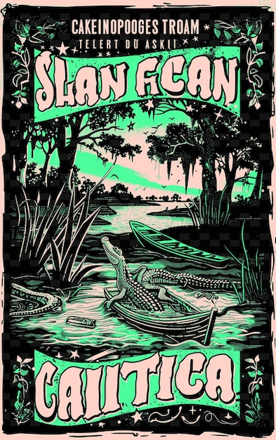 PSD banda cajun tocando en un bayou de luisiana con cocodrilos e ilustración vectorial idea de póster de música