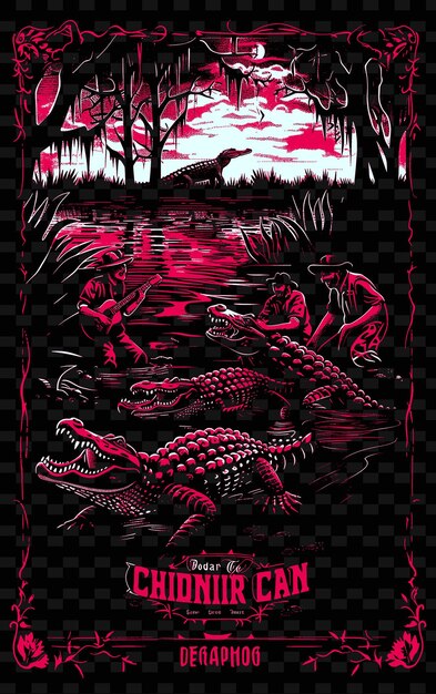 PSD banda cajun tocando em um pântano com jacarés e cipreste tr vector ilustração música poster ideia