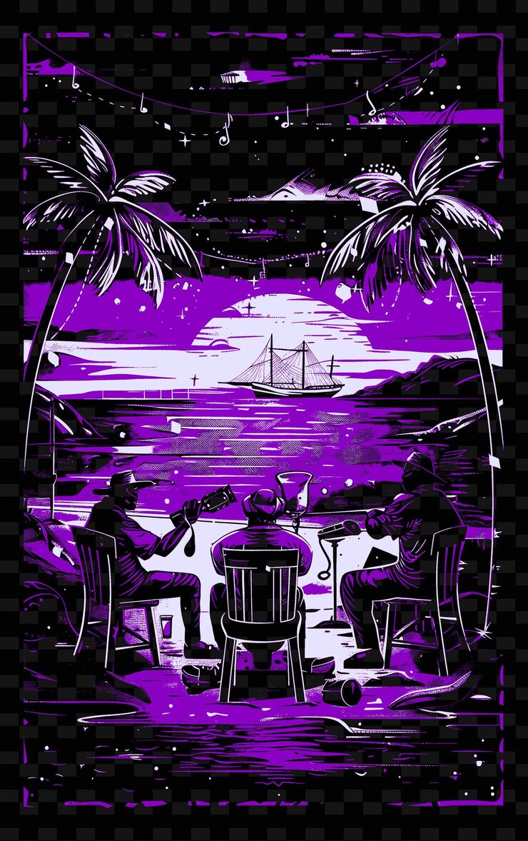 PSD una banda de calipso caribeña tocando en una playa con palmeras una ilustración vectorial idea de cartel musical