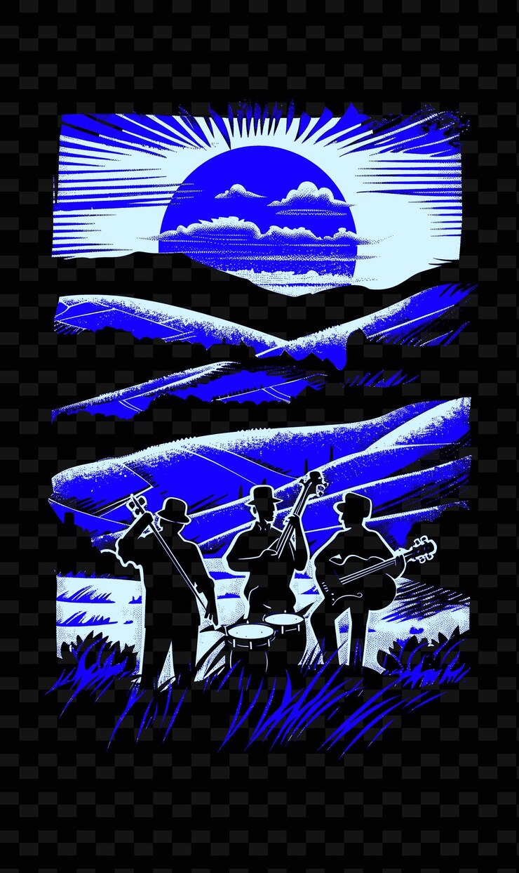 PSD banda celta tocando en un prado verde con rolling hills pos ilustración vectorial de música idea de cartel