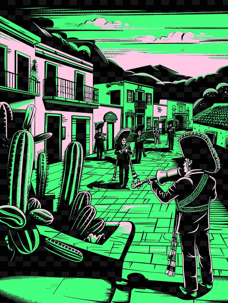 PSD banda de mariachi tocando em uma praça mexicana com desenhos de cartazes de música ilustrados com construções coloridas