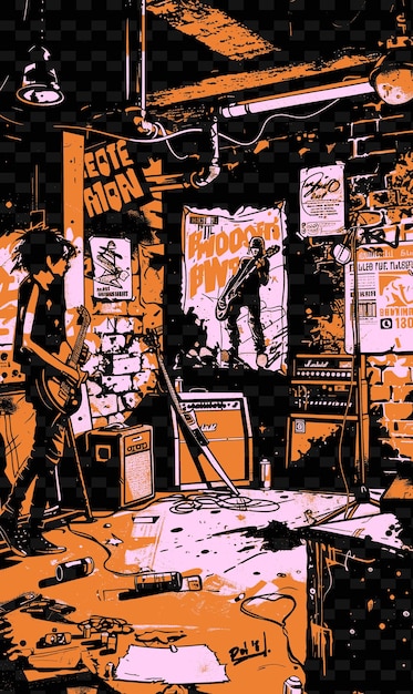 PSD banda de punk rock tocando em um porão grungy com desenhos de cartazes de música com ilustrações de pintura a spray